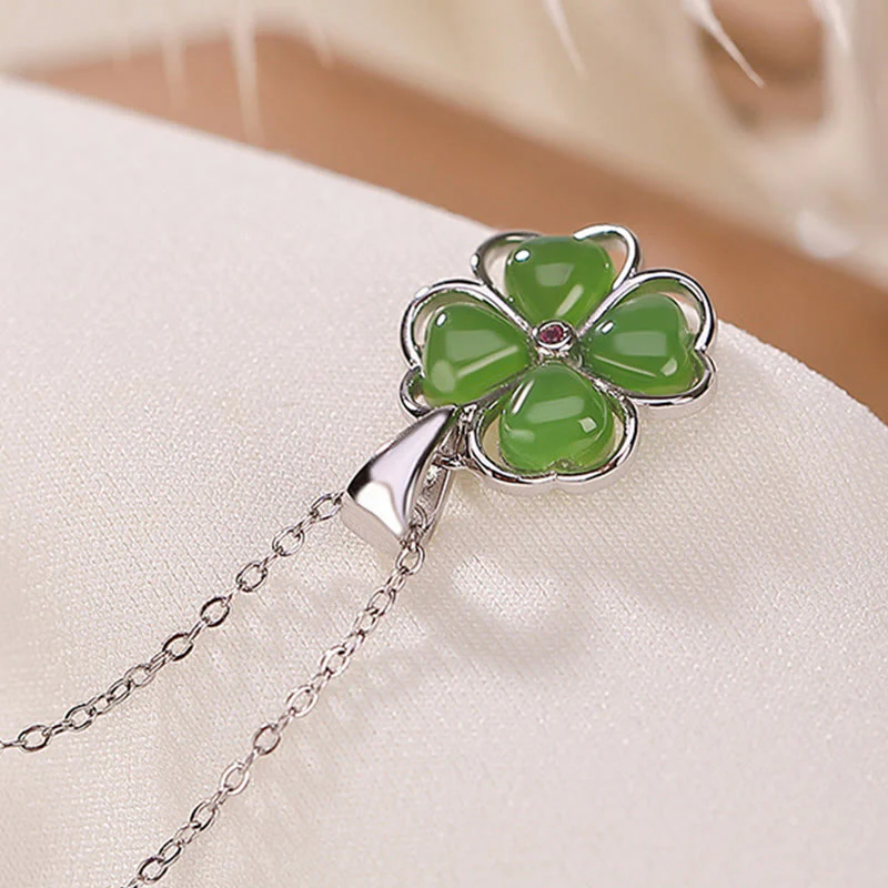 925 Sterling Silver Hetian Cyan Jade Four Leaf Clover Necklace Pendant