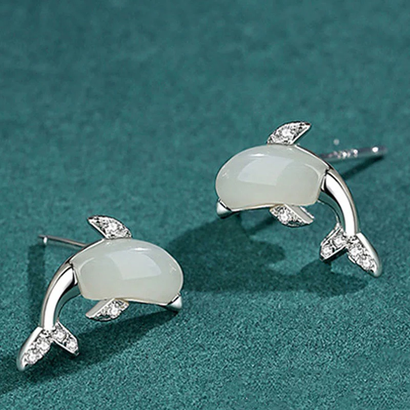 925 Sterling Silver Cute Dolphin Jade Red Agate Luck Necklace Pendant Ring Earrings Set