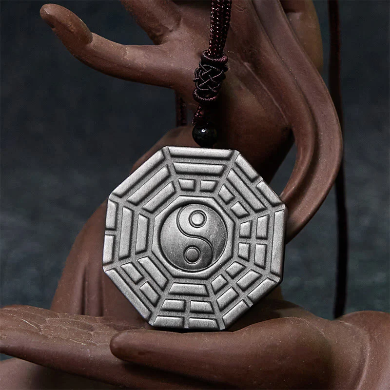 Silver Sheen Obsidian Bagua Yin Yang Symbol Protection Necklace Pendant