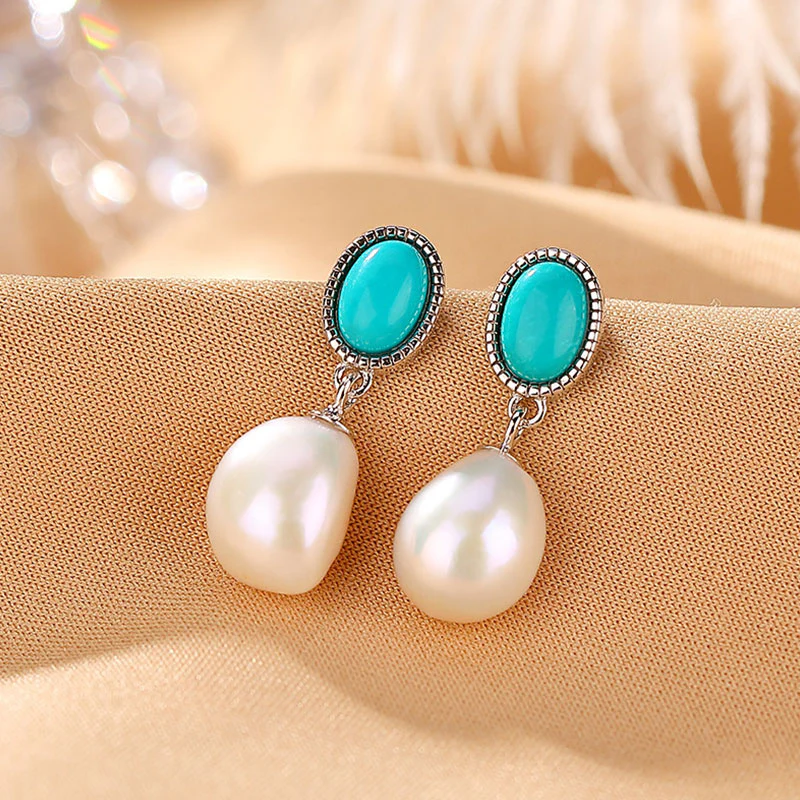 925 Sterling Silver Pearl Turquoise Healing Necklace Pendant Ring Earrings Set