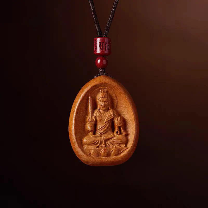 Peach Wood Cinnabar Om Mani Padme Hum Chinese Zodiac Black String Necklace Pendant