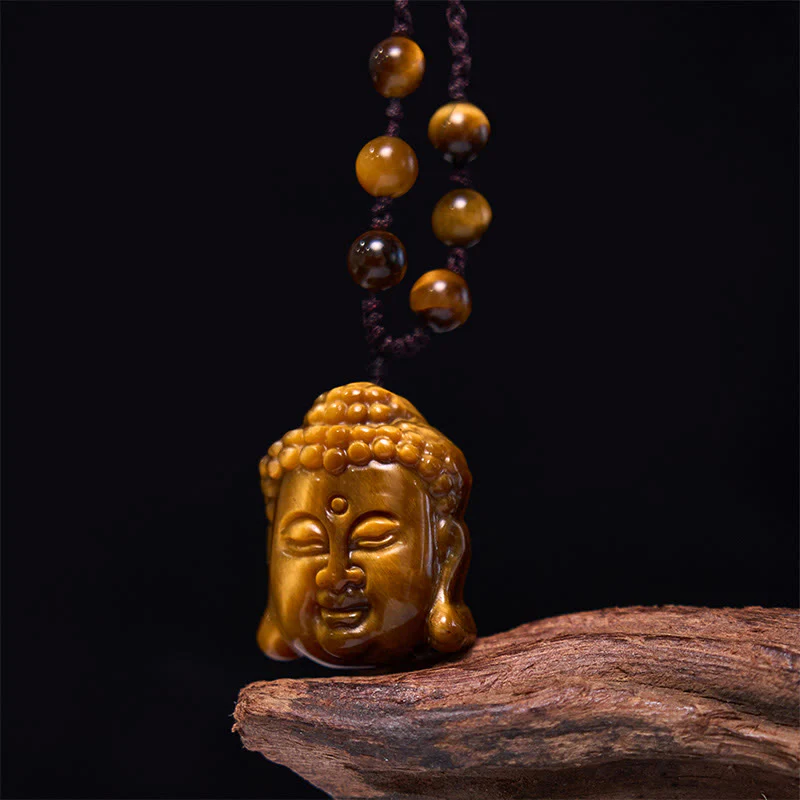Tiger Eye String Buddha Head Courage Necklace Pendant