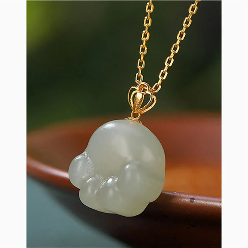 Renbeads 925 Sterling Silver Hetian White Jade Cute Cat Paw Luck Necklace Pendant