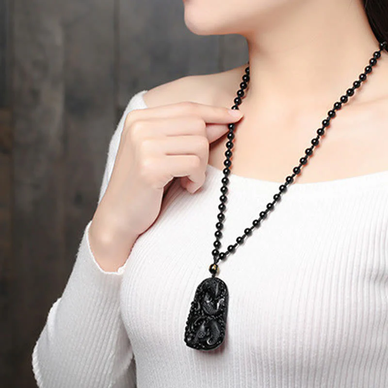 Black Obsidian Koi Fish Engraved Beaded Necklace Pendant