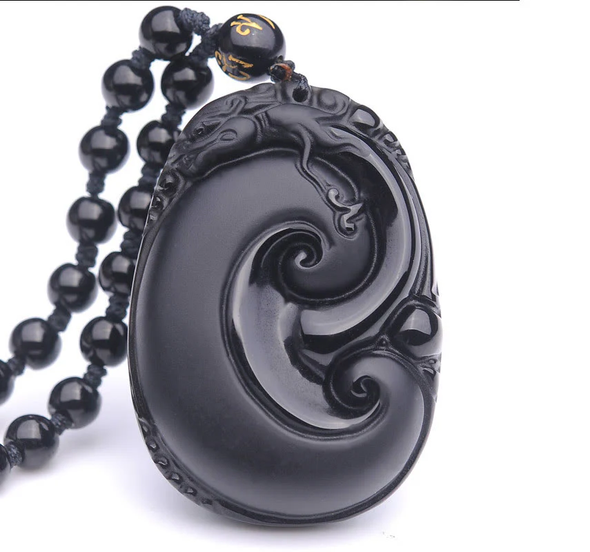 Natural Black Obsidian PiXiu Oval Pattern Necklace Pendant