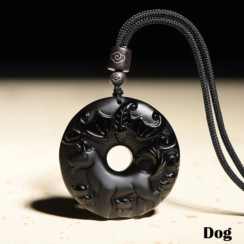 Chinese Zodiac Natural Black Obsidian Peace Buckle Strength Necklace Pendant