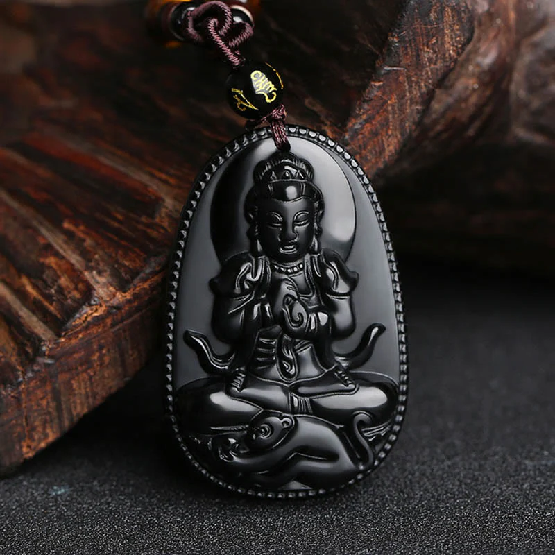 Chinese Zodiac Buddha Natural Black Obsidian Purification Necklace Pendant