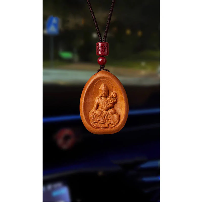 Peach Wood Cinnabar Om Mani Padme Hum Chinese Zodiac Black String Necklace Pendant