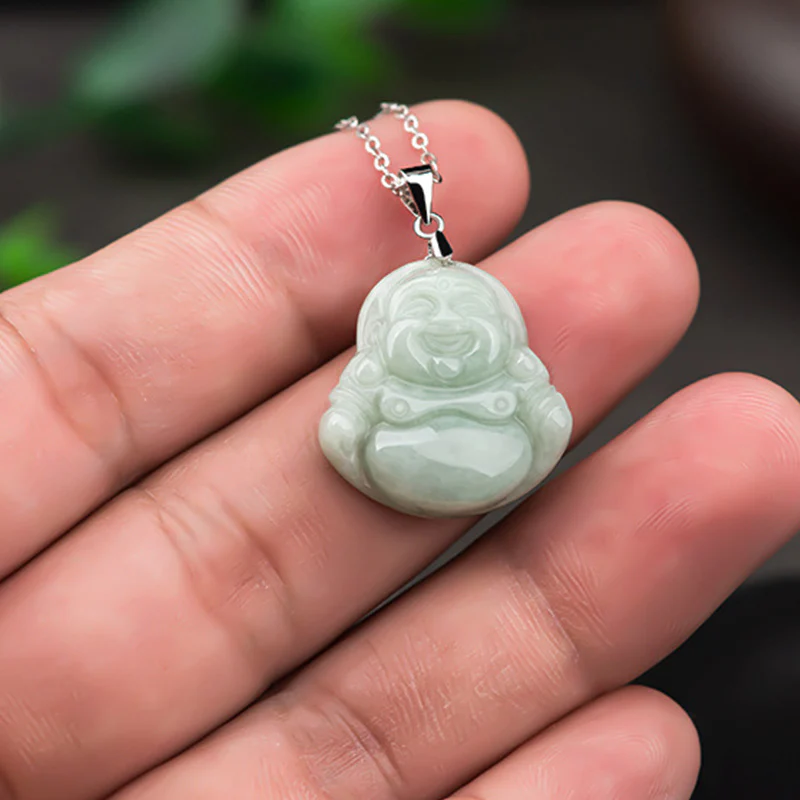 Renbeads 925 Sterling Silver Laughing Buddha Jade Blessing Necklace Chain Pendant
