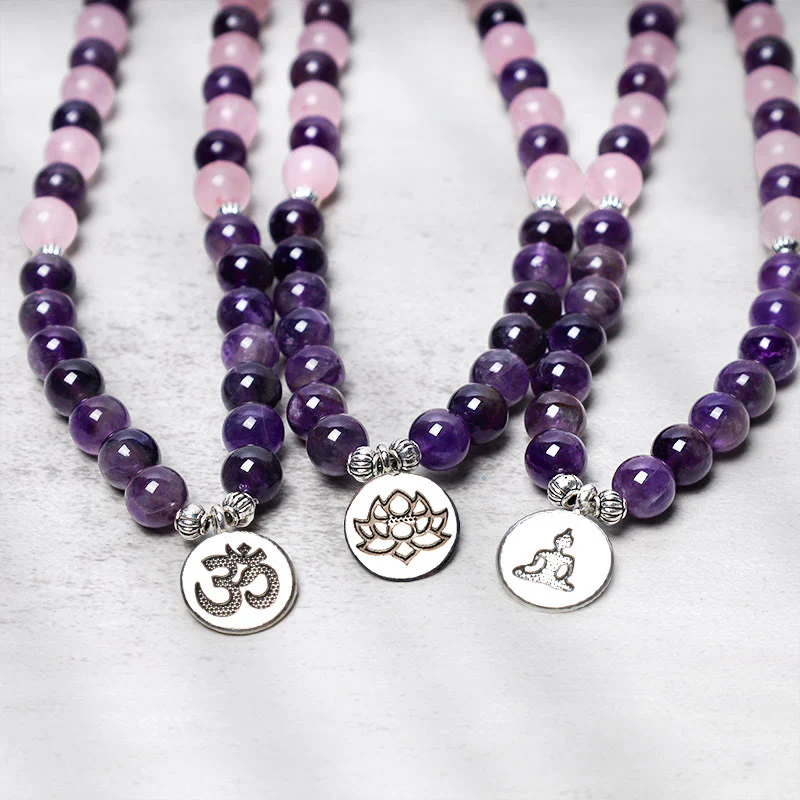 Renbeads Natural Rose Quartz & Amethyst Mala Bead Lotus Pendant Bracelet