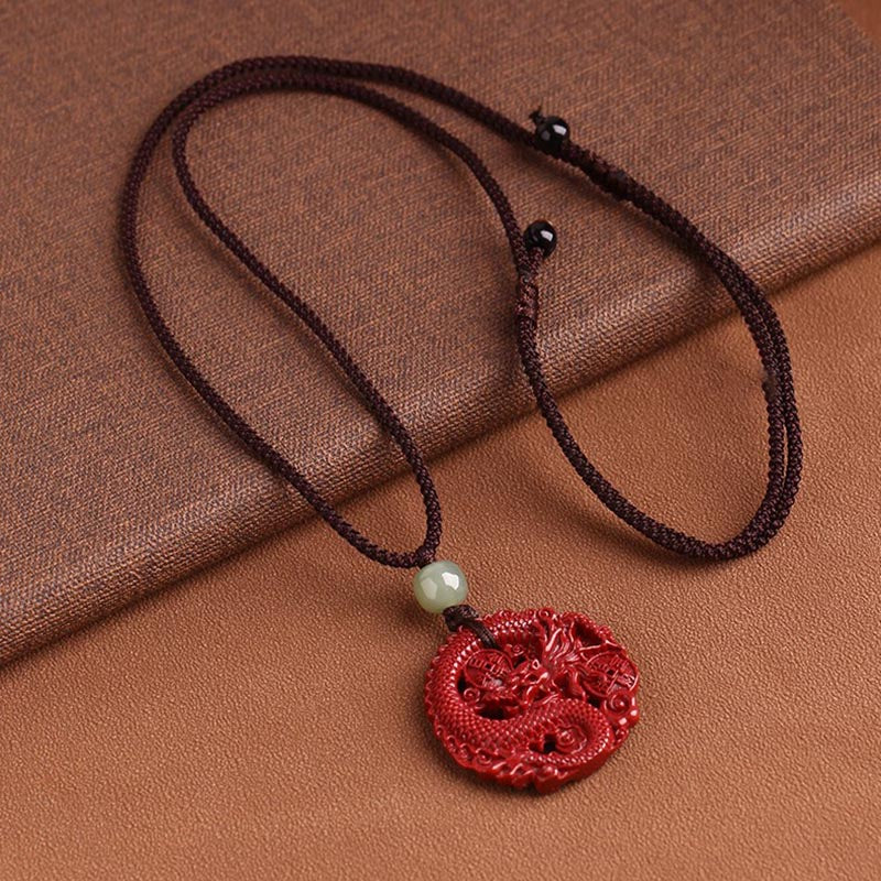 Year Of The Dragon Natural Cinnabar Jade Bead Copper Coin Wealth - Attracting Necklace Pendant