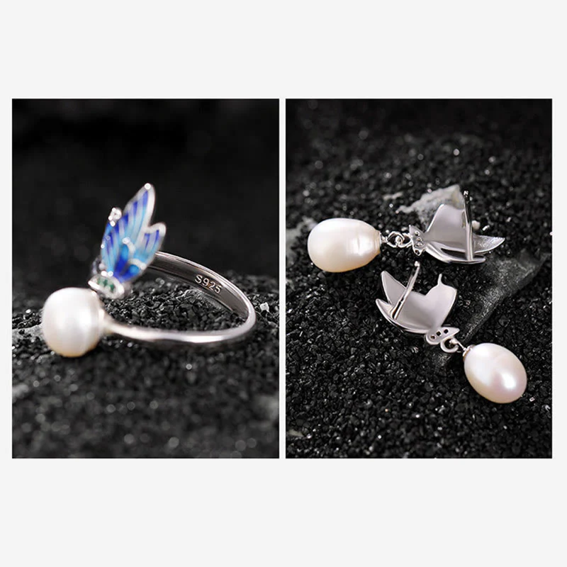 Renbeads 925 Sterling Silver Pearl Butterfly Healing Necklace Pendant Earrings Ring