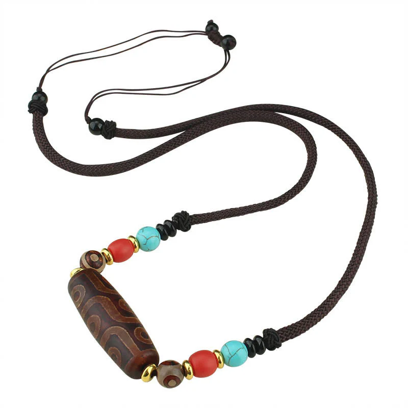 Tibetan Nine-Eye and Three-Eyed Dzi Bead Protection String Necklace Pendant