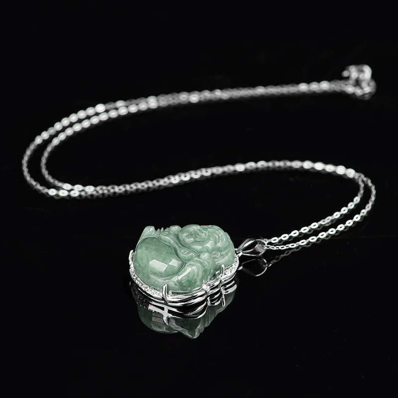 Renbeads 925 Sterling Silver Laughing Buddha Jade Abundance Necklace Chain Pendant