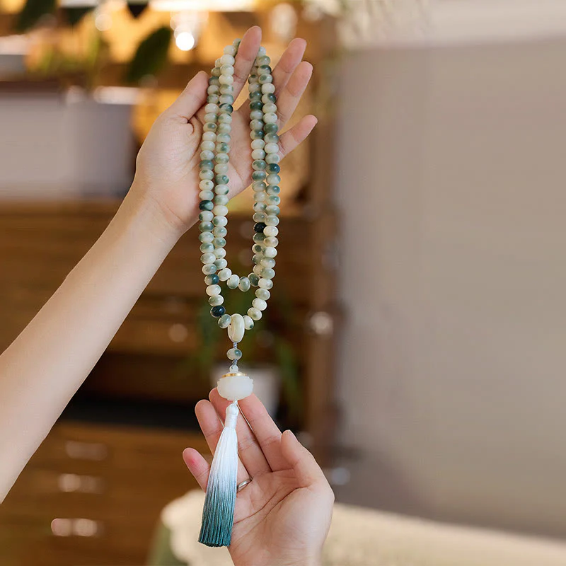 Renbeads Natural 108 Mala Beads Bodhi Seed Lotus Engraved Wisdom Tassel Bracelet