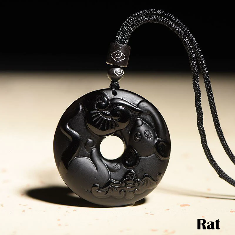 Chinese Zodiac Natural Black Obsidian Peace Buckle Strength Necklace Pendant