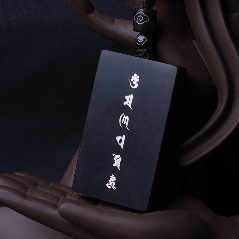 Renbeads 999 Sterling Silver Small Leaf Red Sandalwood Ebony Wood Om Mani Padme Hum Inlaid Protection Necklace Pendant