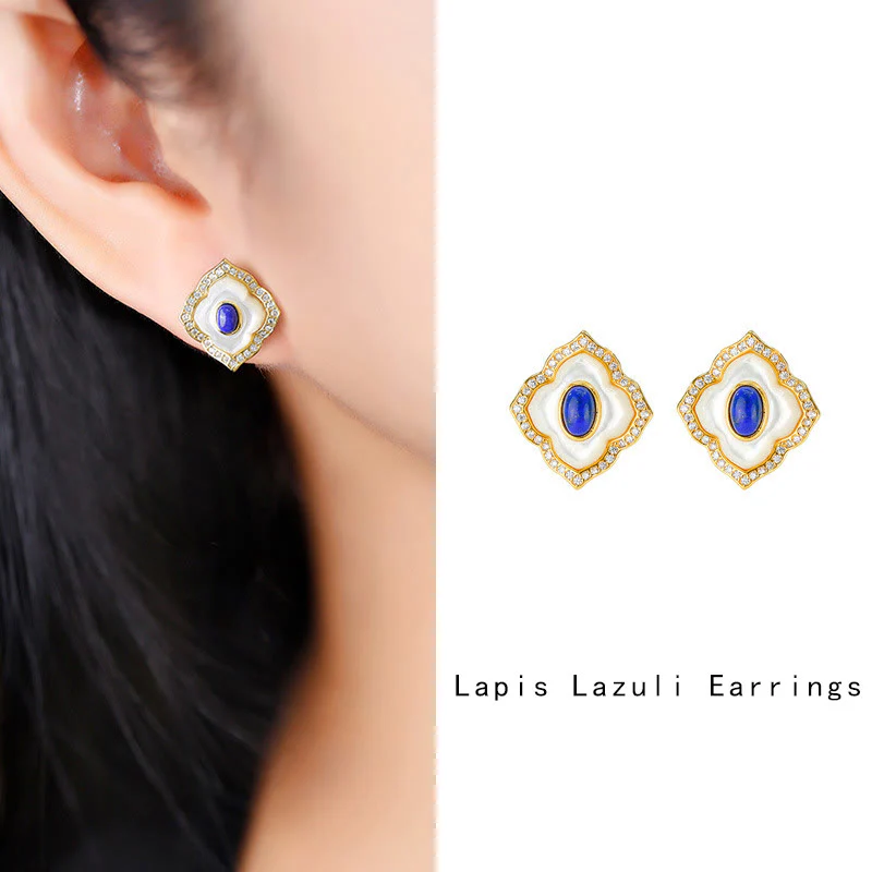 925 Sterling Silver Tridacna Stone Lazurite Prismatic Design Jewelry Set with Earrings and Necklace Pendant