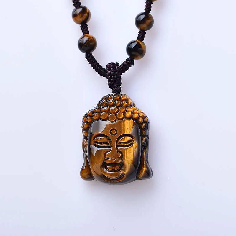 Tiger Eye String Buddha Head Courage Necklace Pendant