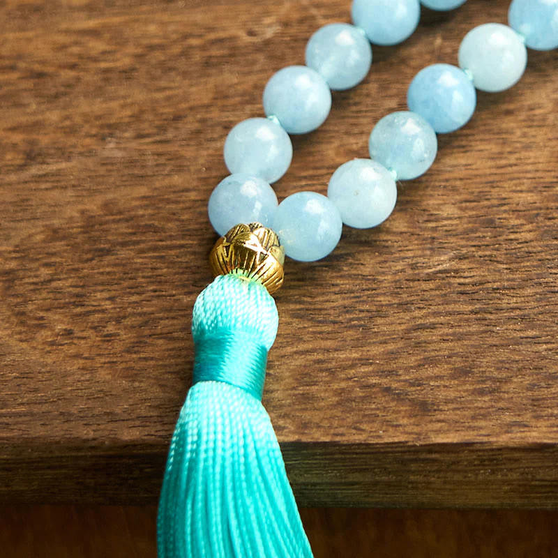 108 Mala Beads Natural Aquamarine Stone Tassel Lotus Healing Bracelet