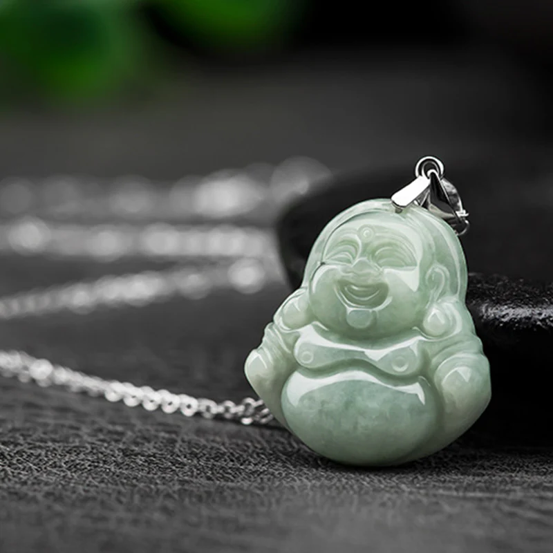 Renbeads 925 Sterling Silver Laughing Buddha Jade Blessing Necklace Chain Pendant
