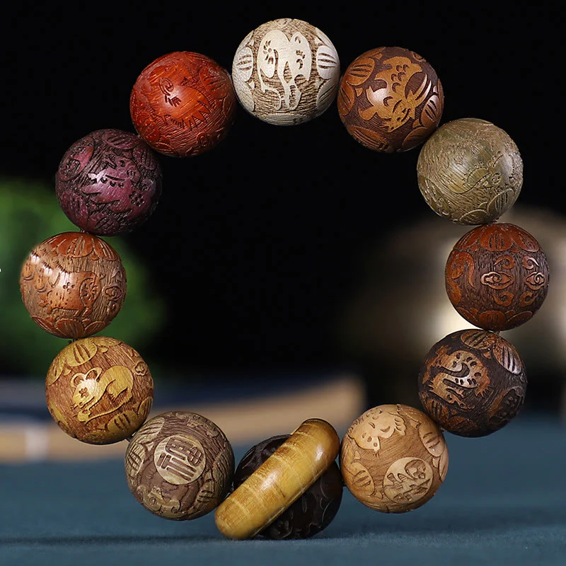 Renbeads Chinese Zodiac Rosewood Green Sandalwood Ebony Wood Copper Coin Carved Calm Bracelet
