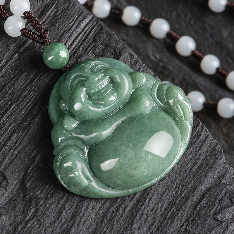 Renbeads Laughing Buddha Cyan Jade Harmony Necklace String Bead Pendant