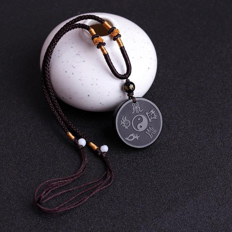 Renbeads Natural Black Obsidian Taoism Five Sacred Mountains Nine-Character Mantra Carved Strength Yin Yang Necklace Pendant Key Chain