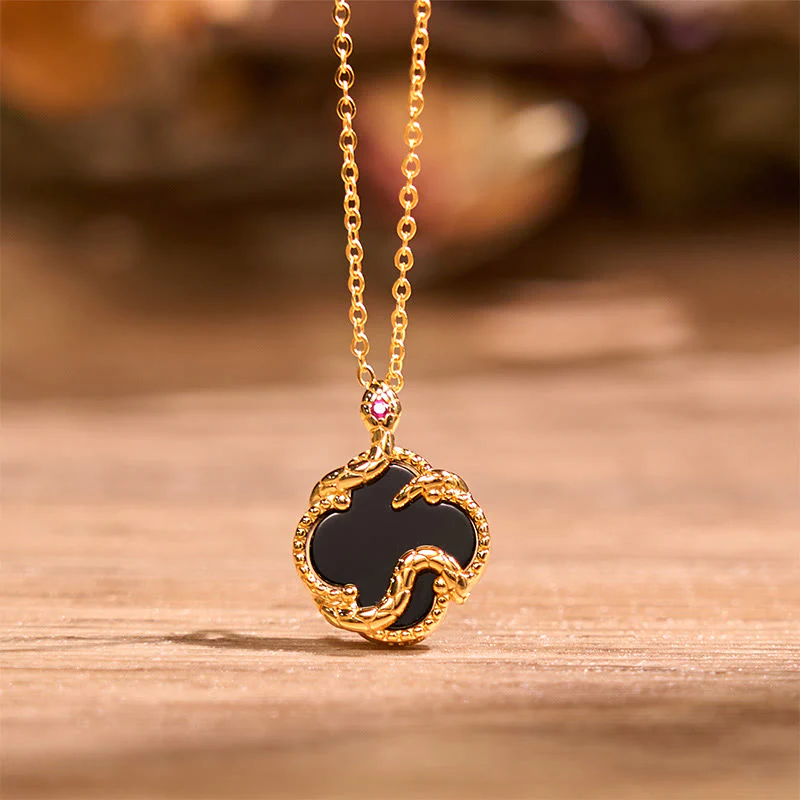 925 Sterling Silver Four Red Agate Black Onyx Leaf Clover Zodiac Blessing Necklace Pendant