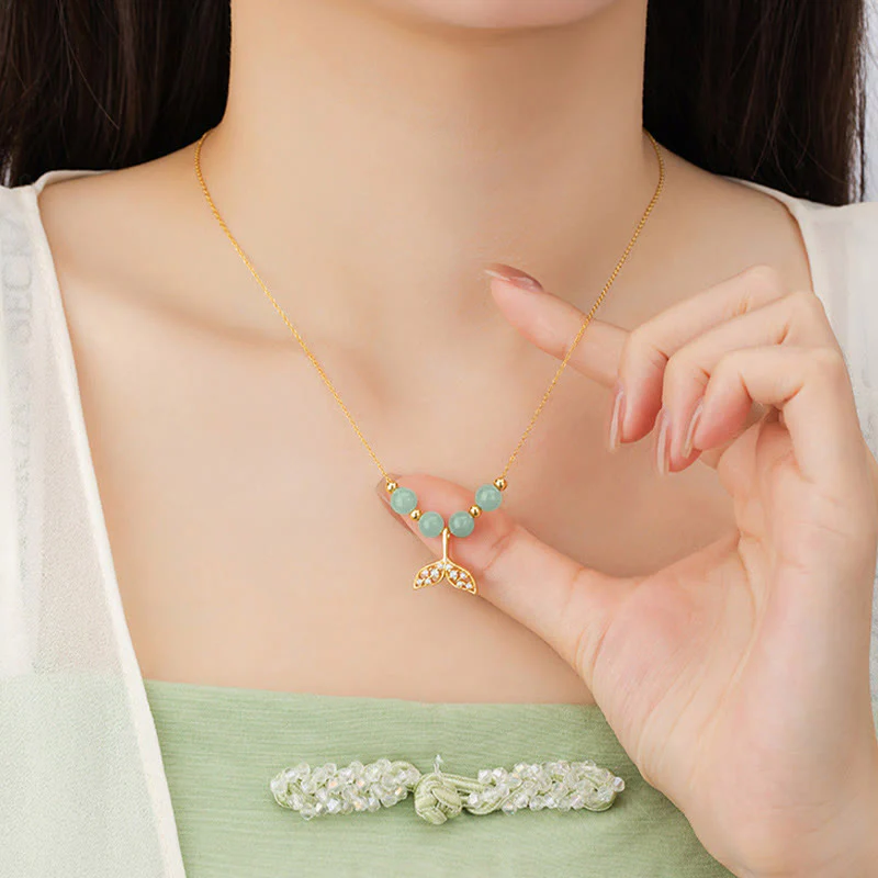 925 Sterling Silver Hetian Jade Bead Fishtail Luck Necklace Pendant