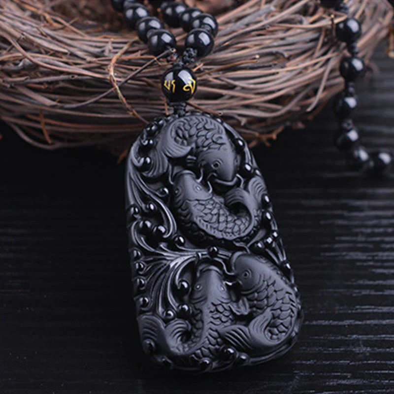 Black Obsidian Koi Fish Engraved Beaded Necklace Pendant
