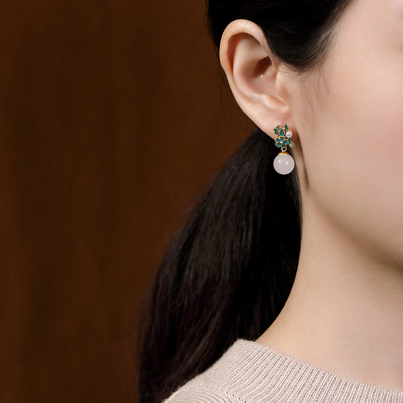 White Jade 925 Sterling Silver Pearl Flower Blessing Necklace Pendant Ring Earrings