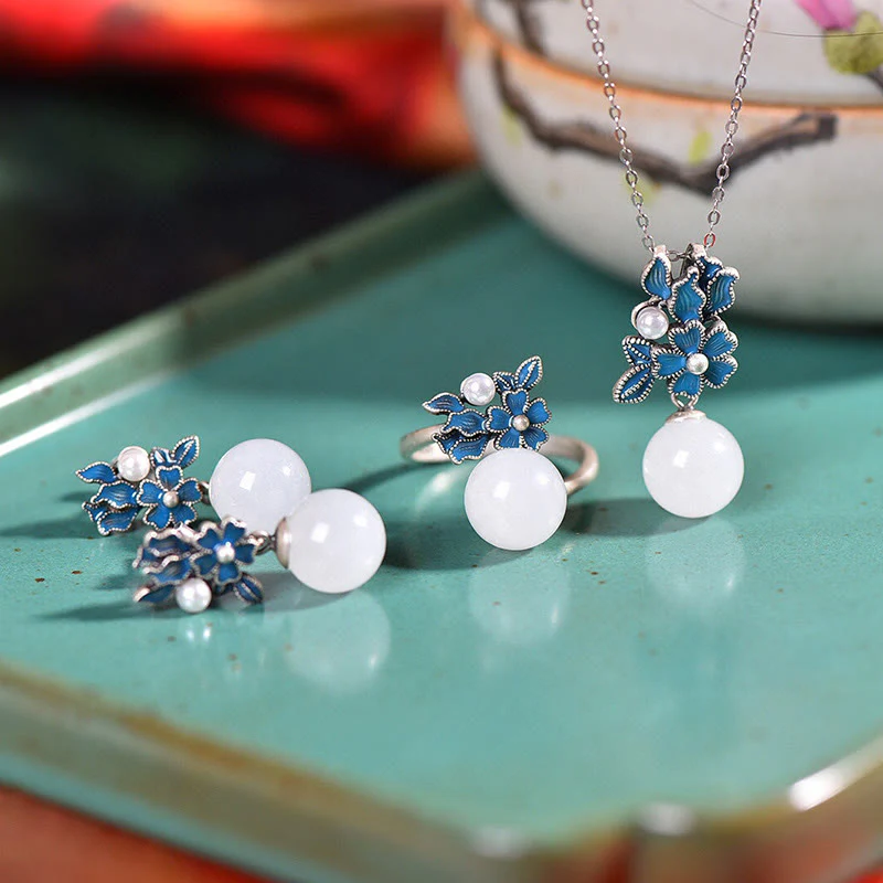 White Jade 925 Sterling Silver Pearl Flower Blessing Necklace Pendant Ring Earrings