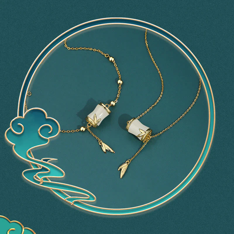 Renbeads 925 Sterling Silver 22K Gold Hetian White Jade Bamboo Leaf Luck Necklace Pendant Bracelet