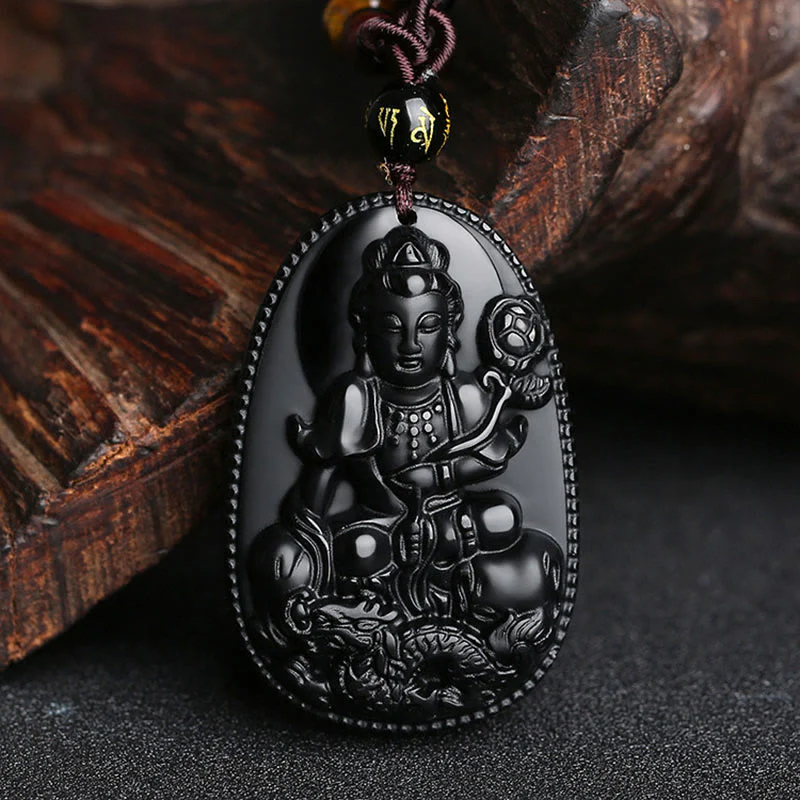 Chinese Zodiac Buddha Natural Black Obsidian Purification Necklace Pendant