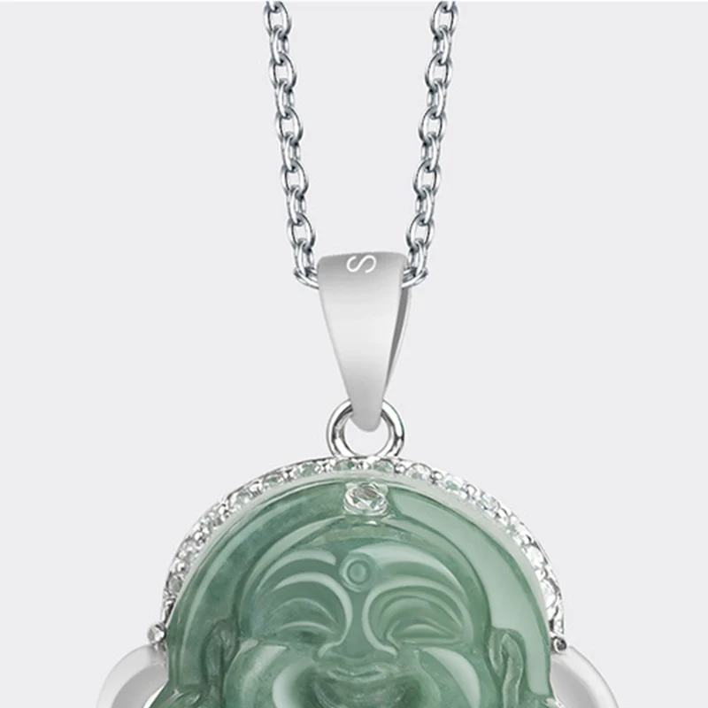 Renbeads 925 Sterling Silver Laughing Buddha Jade Abundance Necklace Chain Pendant