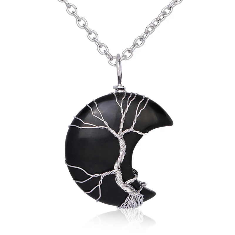 Natural Quartz Crystal Moon Tree of Life Healing Energy Necklace Pendant
