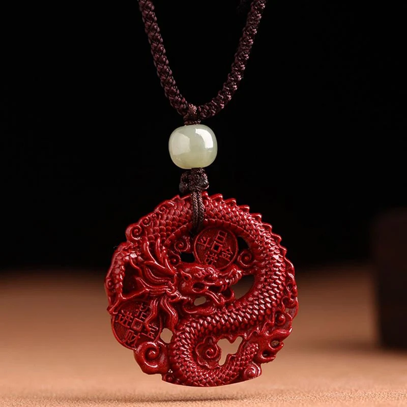 Year Of The Dragon Natural Cinnabar Jade Bead Copper Coin Wealth - Attracting Necklace Pendant