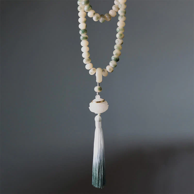 Renbeads Natural 108 Mala Beads Bodhi Seed Lotus Engraved Wisdom Tassel Bracelet