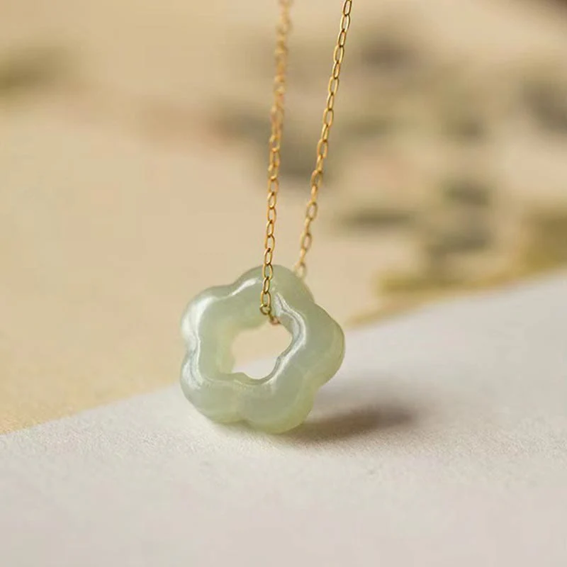 Renbeads Dainty Hetian Jade Cyan Jade Luck Floral Charm Necklace Pendant