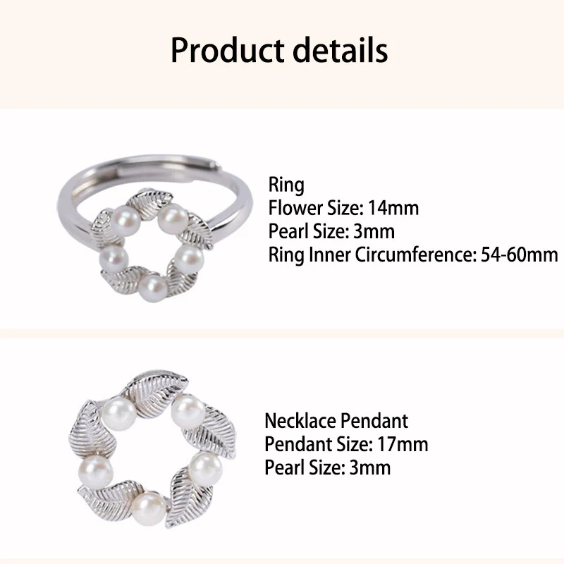 Renbeads 925 Sterling Silver Pearl Leaf Design Healing Wisdom Necklace Pendant Ring Earrings Set