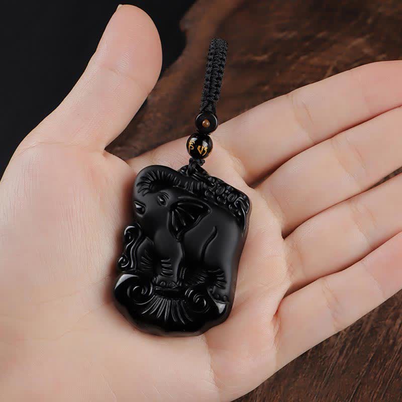 Black Obsidian Elephant Protection Necklace Pendant Keychain
