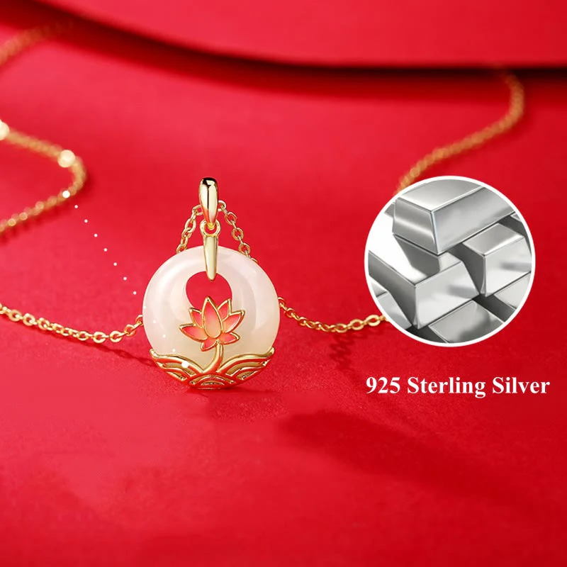 Renbeads 925 Sterling Silver Hetian White Jade Lotus Flower Blessing Necklace Pendant