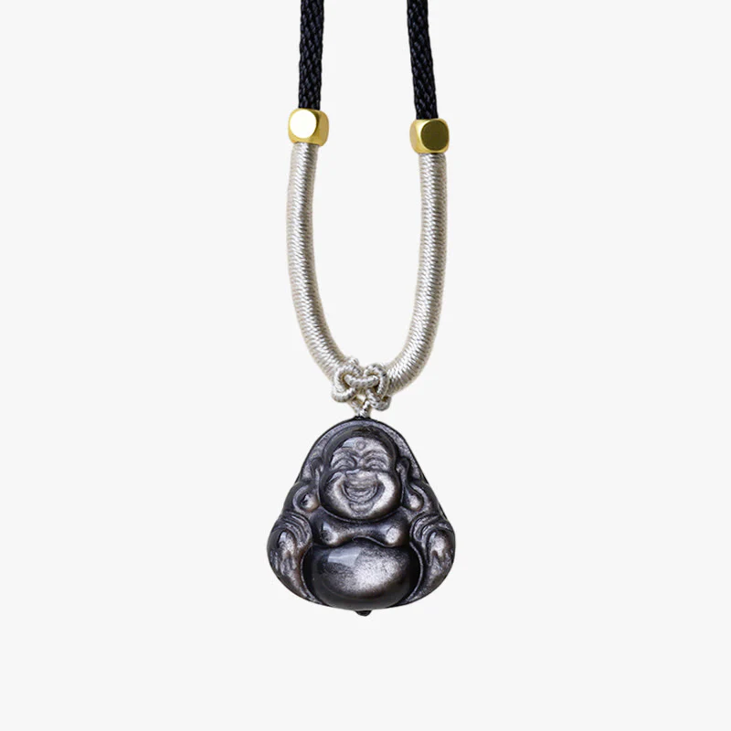 Natural Silver Sheen Obsidian Laughing Buddha Protection Necklace Pendant