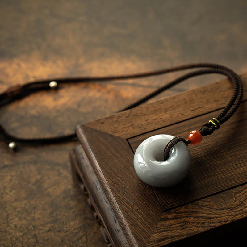 Natural Round Gray Jade Peace Buckle Luck Necklace Pendant
