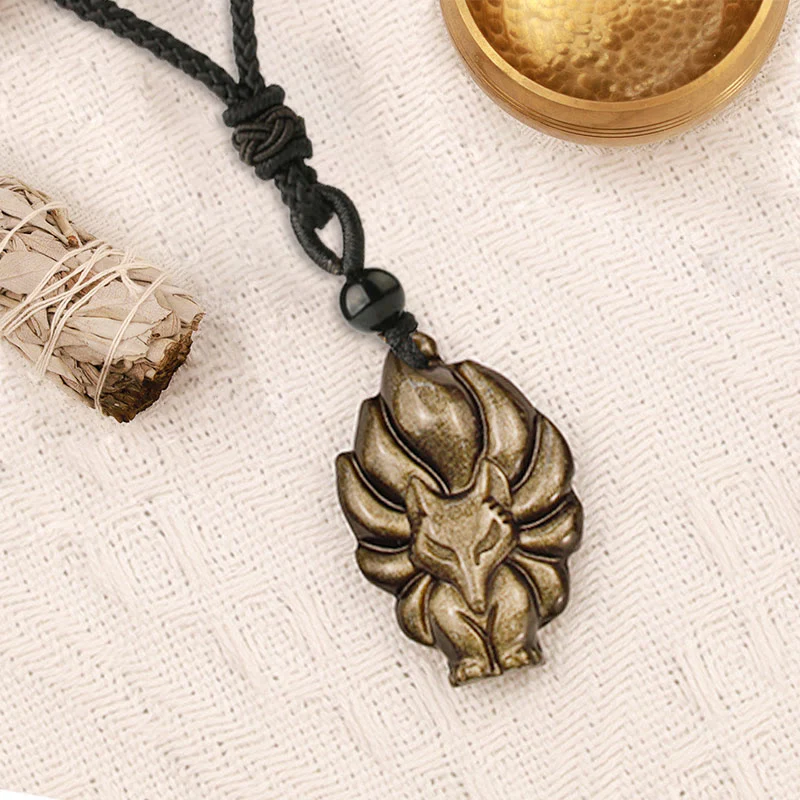 Natural Fluorite Gold Sheen Obsidian Fox Pendant Protection Necklace
