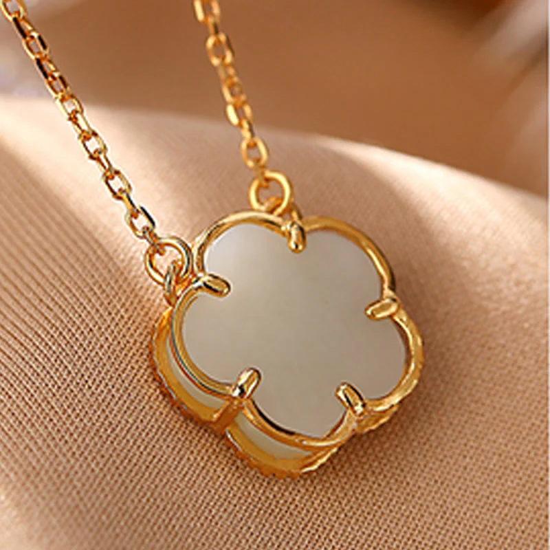925 Sterling Silver Plated Gold Natural Jade Flower Luck Necklace Pendant Ring Set