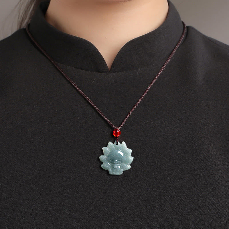 Natural Green Jade Nine Tailed Fox Abundance Necklace Pendant