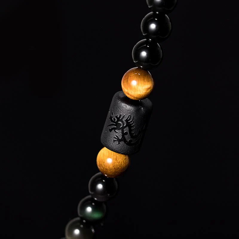 Renbeads Natural Black Obsidian Rainbow Obsidian Gourd Blessing Bracelet Mala