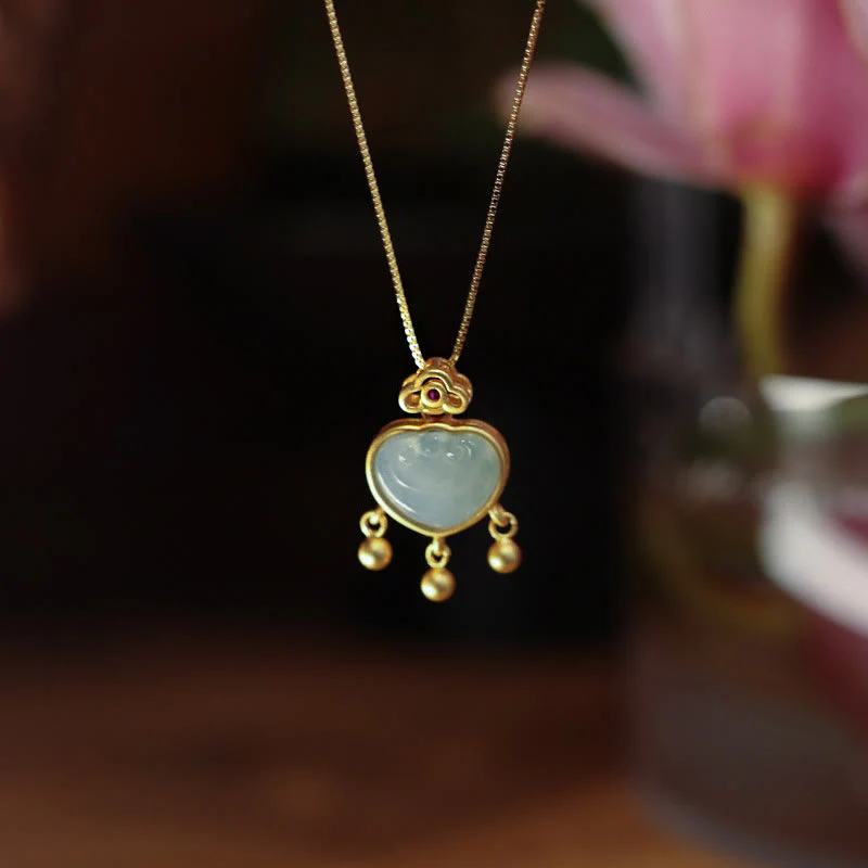 Renbeads 925 Sterling Silver Natural Jade Chalcedony Lock of Good Wishes Luck Necklace Pendant Bangle Bracelet